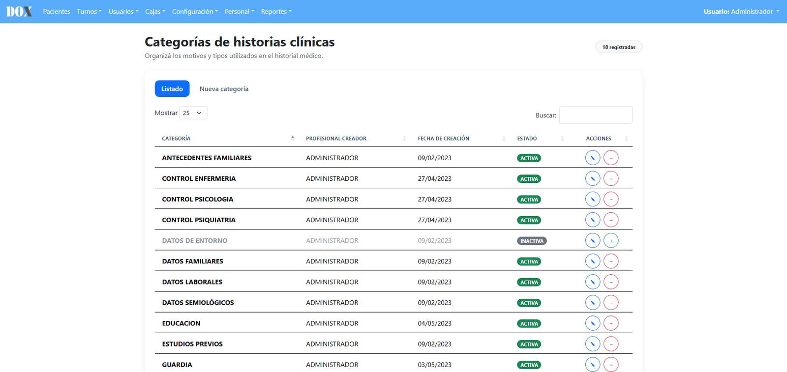 Administración de categorías de historia clínica